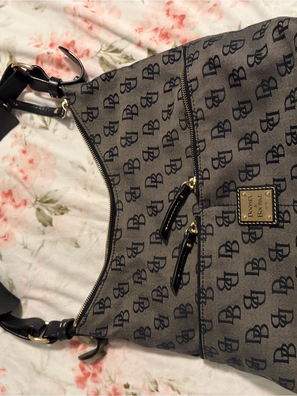 Dooney & Bourke Gray/Brown Signature Logo Shoulder Bag with Black Trim